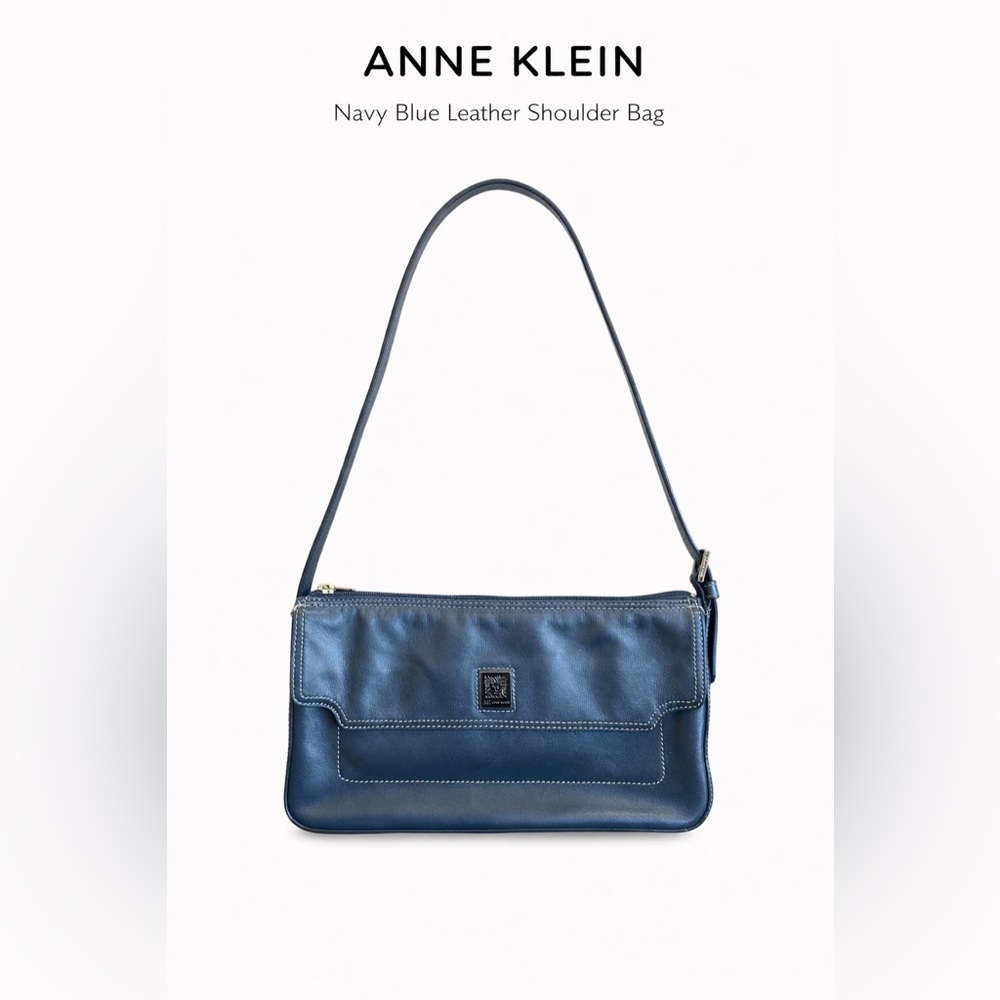 AK Anne Klein Navy Blue Leather Shoulder Bag Y2K